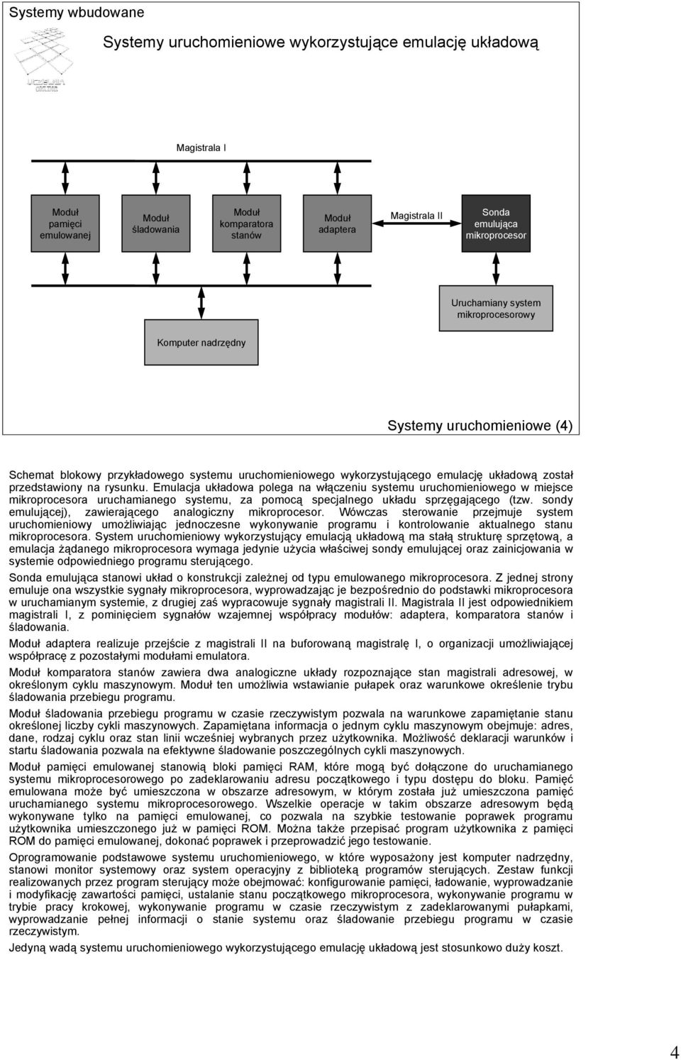 rysunku. Emulacja układowa polega na włączeniu systemu uruchomieniowego w miejsce mikroprocesora uruchamianego systemu, za pomocą specjalnego układu sprzęgającego (tzw.