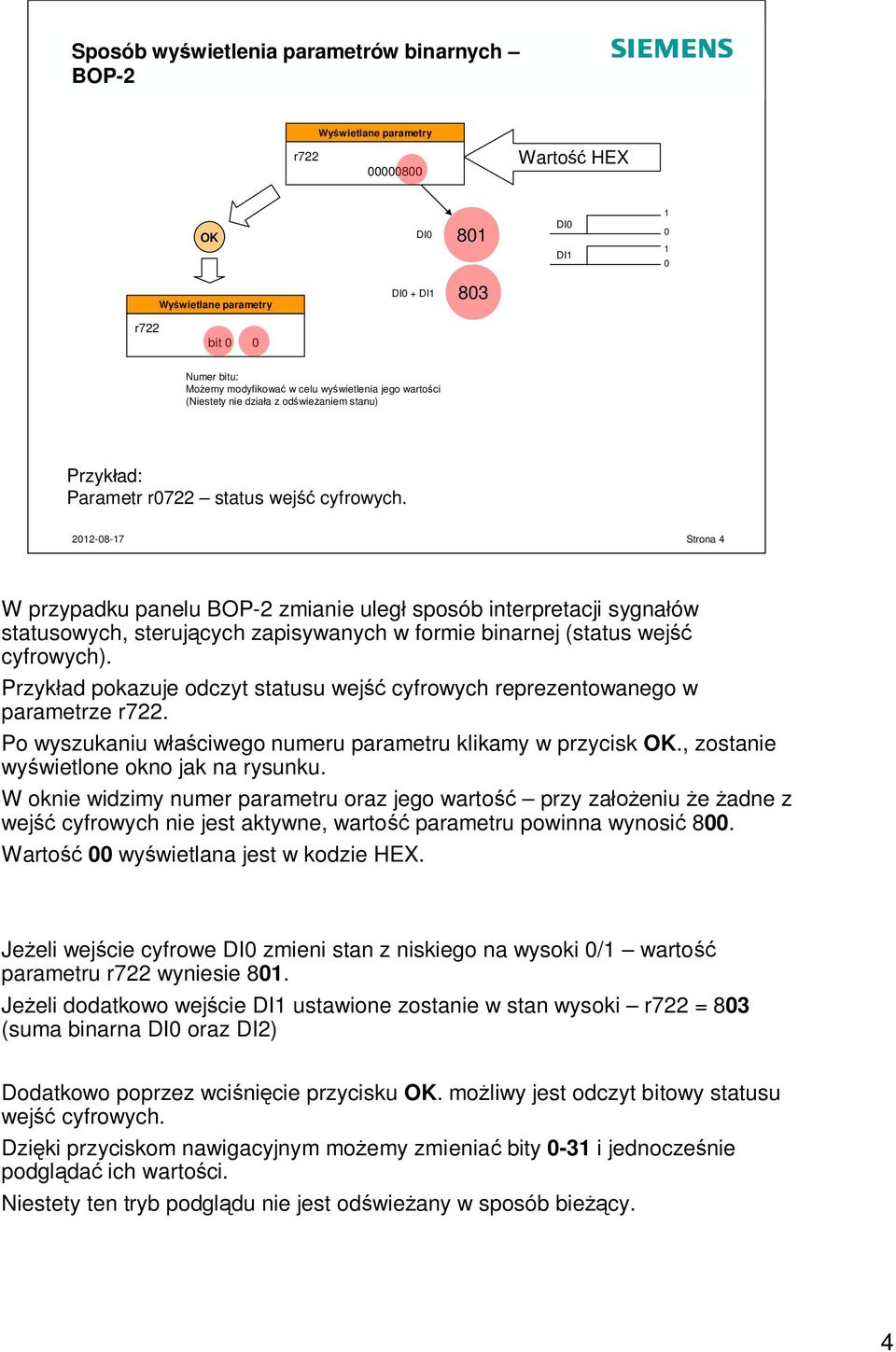 Strona4 W przypadku panelu BOP-2 zmianie uleg sposób interpretacji sygna ów statusowych, steruj cych zapisywanych w formie binarnej (status wej cyfrowych).