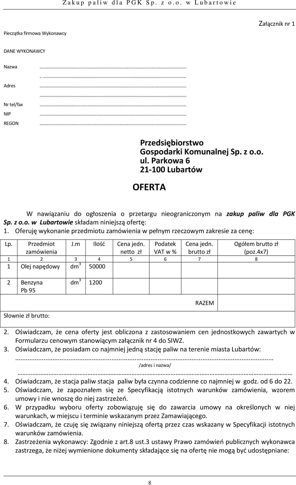 Oferuję wykonanie przedmiotu zamówienia w pełnym rzeczowym zakresie za cenę: Lp. Przedmiot zamówienia J.m Ilość Cena jedn. netto zł Podatek VAT w % Cena jedn. brutto zł Ogółem brutto zł (poz.