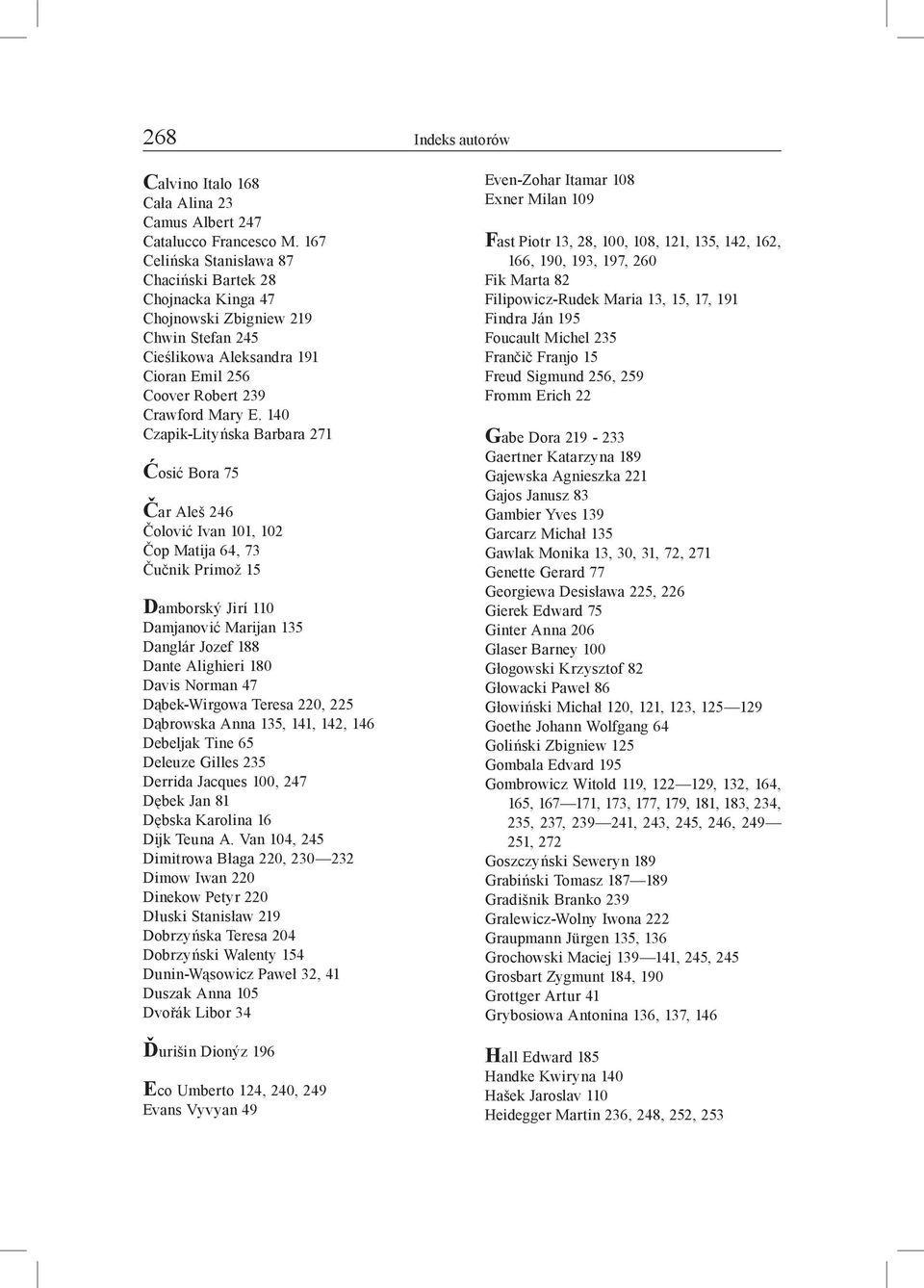 140 Czapik-Lityńska Barbara 271 Ćosić Bora 75 Čar Aleš 246 Čolović Ivan 101, 102 Čop Matija 64, 73 Čučnik Primož 15 Damborský Jirí 110 Damjanović Marijan 135 Danglár Jozef 188 Dante Alighieri 180