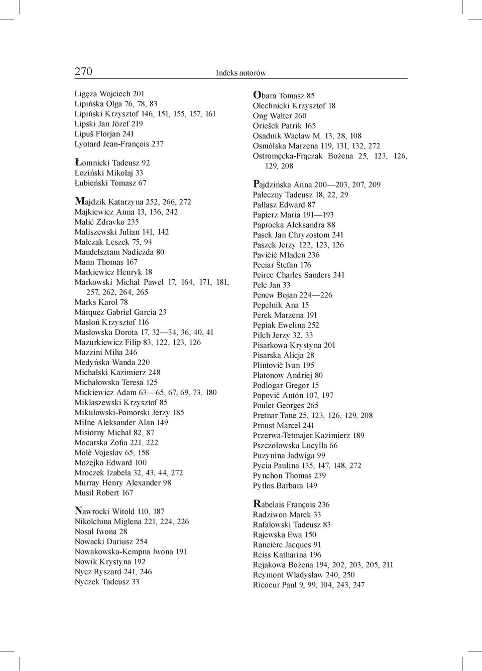 Thomas 167 Markiewicz Henryk 18 Markowski Michał Paweł 17, 164, 171, 181, 257, 262, 264, 265 Marks Karol 78 Márquez Gabriel Garcia 23 Masłoń Krzysztof 116 Masłowska Dorota 17, 32 34, 36, 40, 41