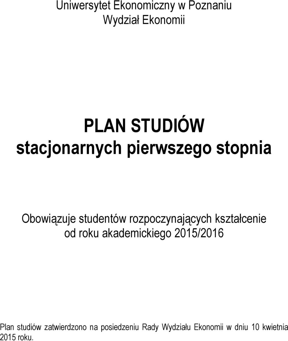 rozpoczynających kształcenie od roku akademickiego 2015/2016 Plan