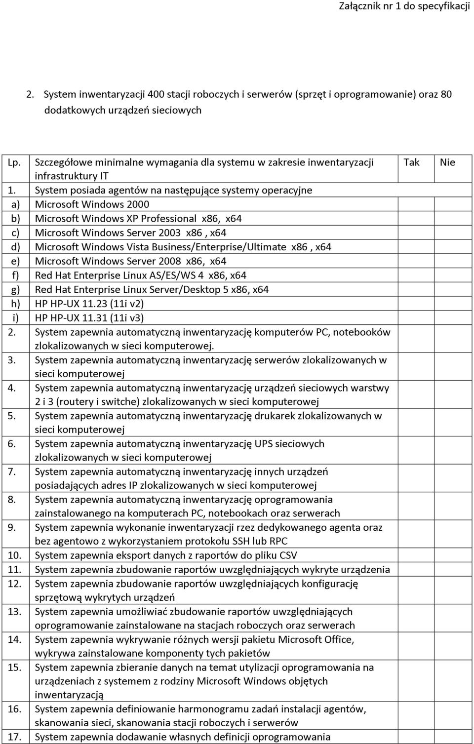 Szczegółowe infrastruktury System dodatkowych posiada minimalne IT agentów urządzeń wymagania sieciowych następujące dla systemu systemy w operacyjne zakresie inwentaryzacji Tak oraz Nie 80 b) d) a)