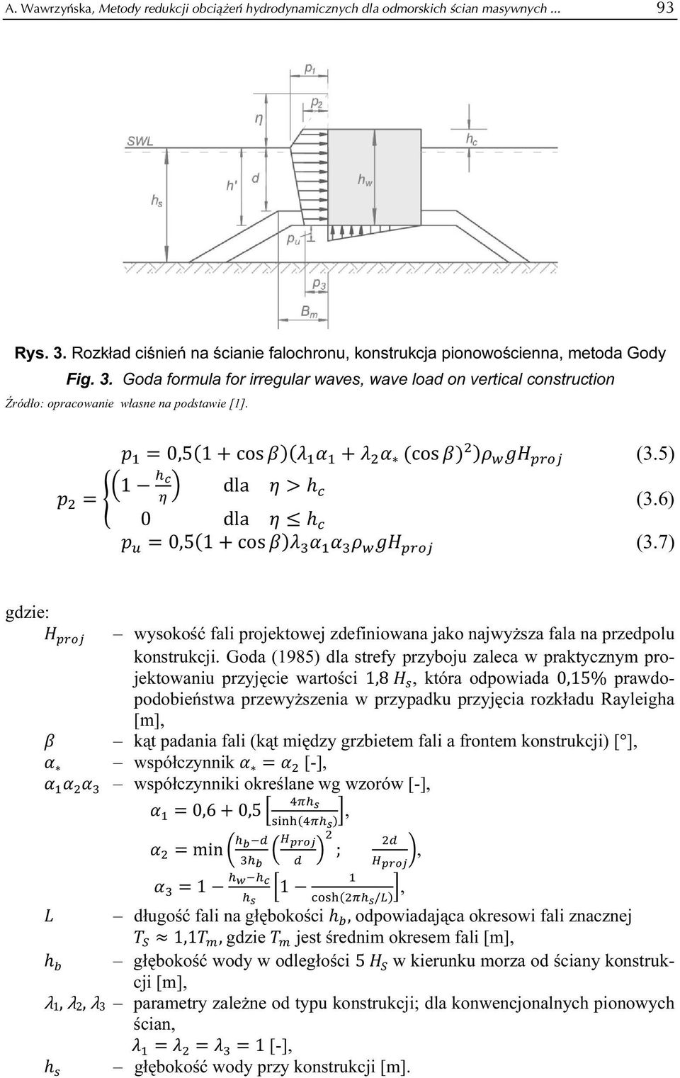 0,51 cos cos (3.5) 1 0 dla (3.6) 0,51 cos (3.7) gdzie: wysokość fali projektowej zdefiniowana jako najwyższa fala na przedpolu konstrukcji.