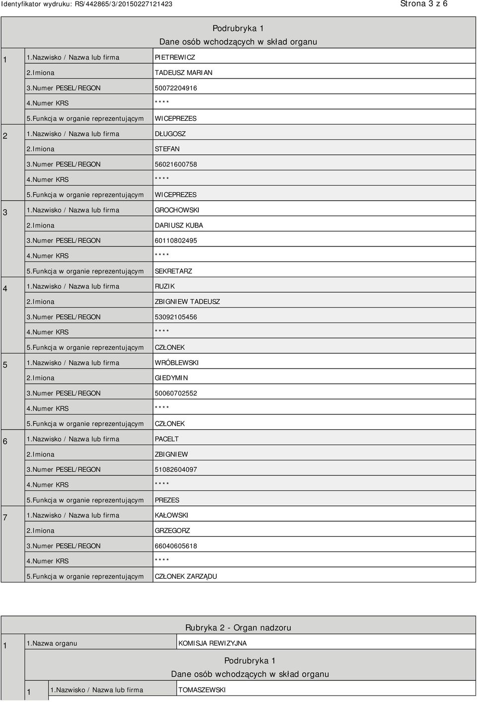 Nazwisko / Nazwa lub firma RUZIK ZBIGNIEW TADEUSZ 3.Numer PESEL/REGON 53092105456 CZŁONEK 5 1.Nazwisko / Nazwa lub firma WRÓBLEWSKI GIEDYMIN 3.Numer PESEL/REGON 50060702552 CZŁONEK 6 1.