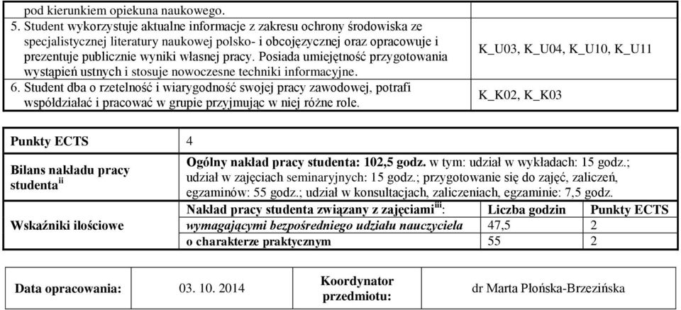 Posiada umiejętność przygotowania wystąpień ustnych i stosuje nowoczesne techniki informacyjne. 6.