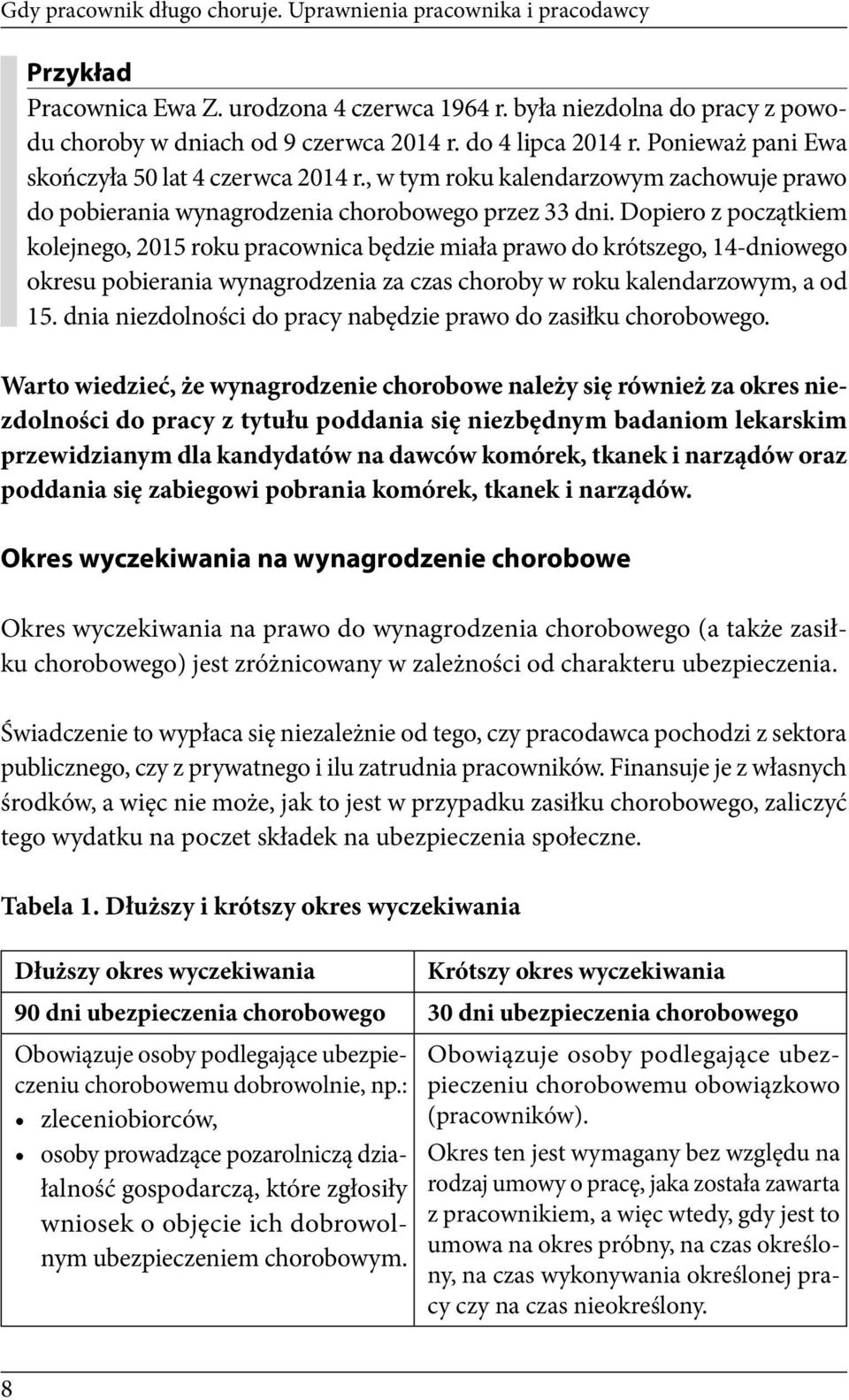 Dopiero z początkiem kolejnego, 2015 roku pracownica będzie miała prawo do krótszego, 14-dniowego okresu pobierania wynagrodzenia za czas choroby w roku kalendarzowym, a od 15.