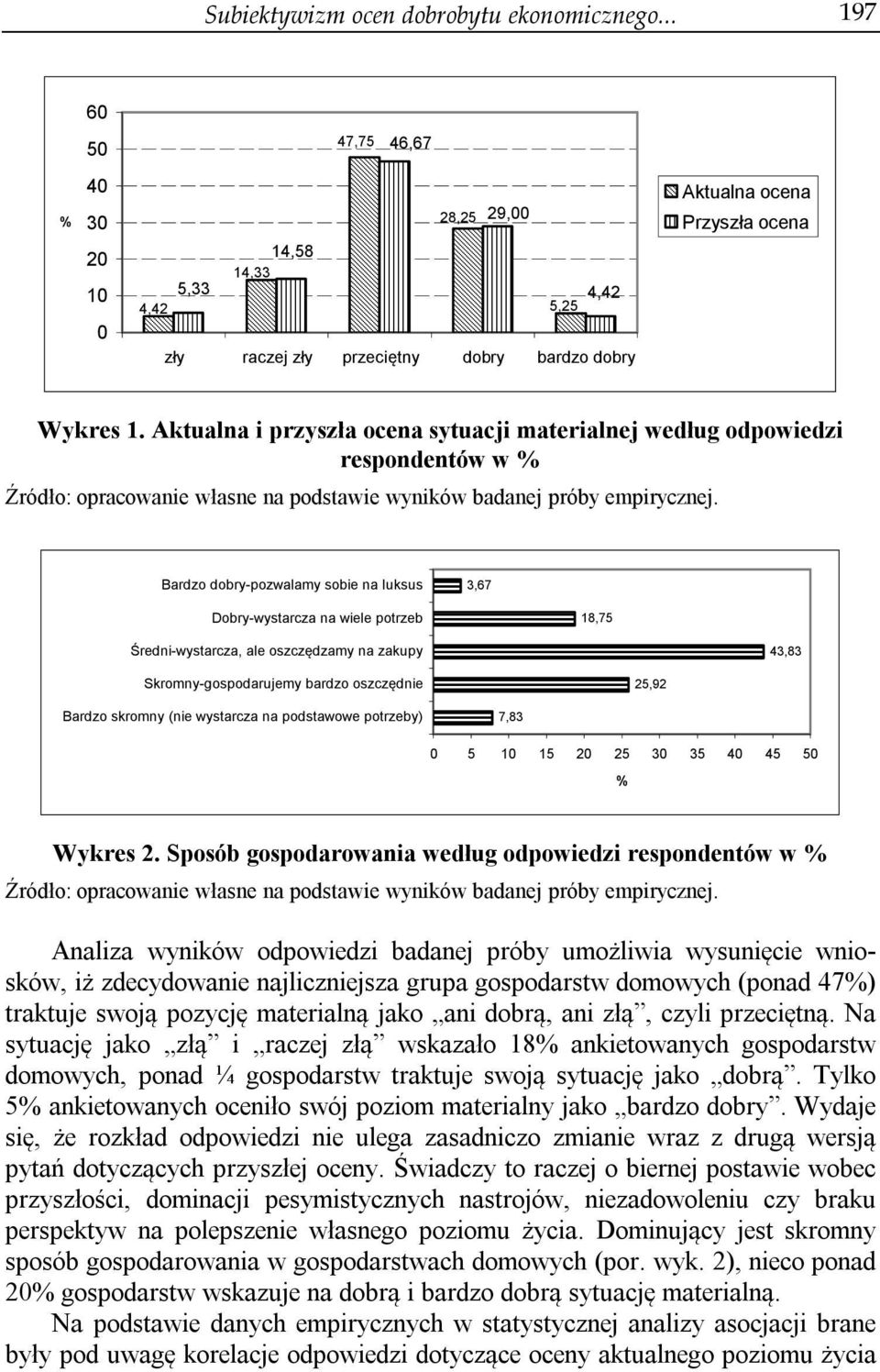 Aktualna i przyszła ocena sytuacji materialnej według odpowiedzi respondentów w % Źródło: opracowanie własne na podstawie wyników badanej próby empirycznej.