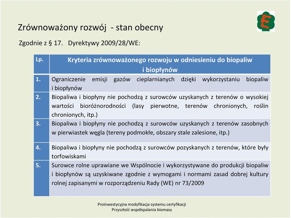 Biopaliwa i biopłyny nie pochodzą z surowców uzyskanych z terenów o wysokiej wartości bioróżnorodności (lasy pierwotne, terenów chronionych, roślin chronionych, itp.) 3.