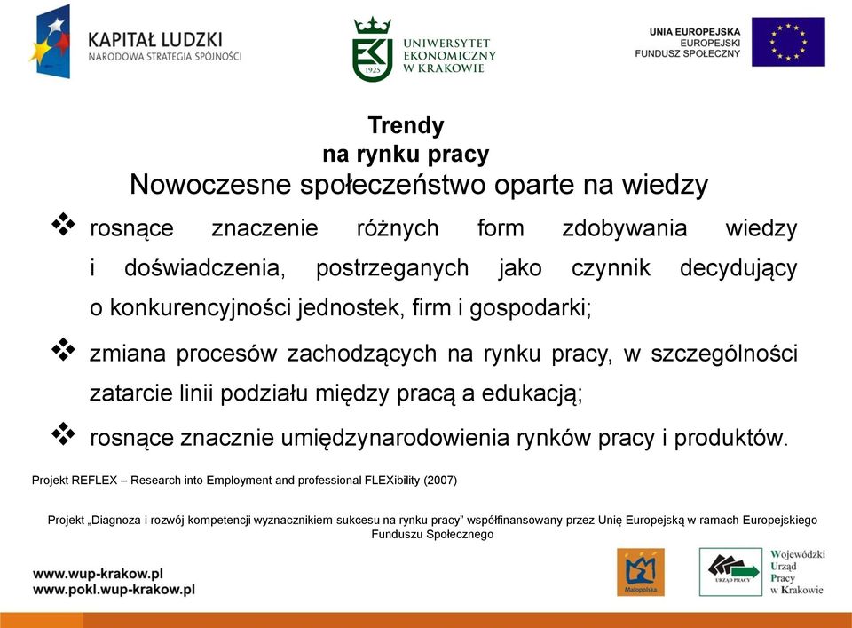 procesów zachodzących na rynku pracy, w szczególności zatarcie linii podziału między pracą a edukacją; rosnące