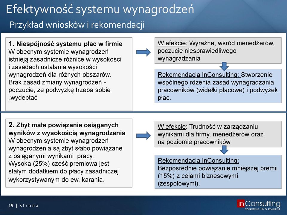 Brak zasad zmiany wynagrodzeń - poczucie, że podwyżkę trzeba sobie wydeptać W efekcie: Wyraźne, wśród menedżerów, poczucie niesprawiedliwego wynagradzania Rekomendacja InConsulting: Stworzenie