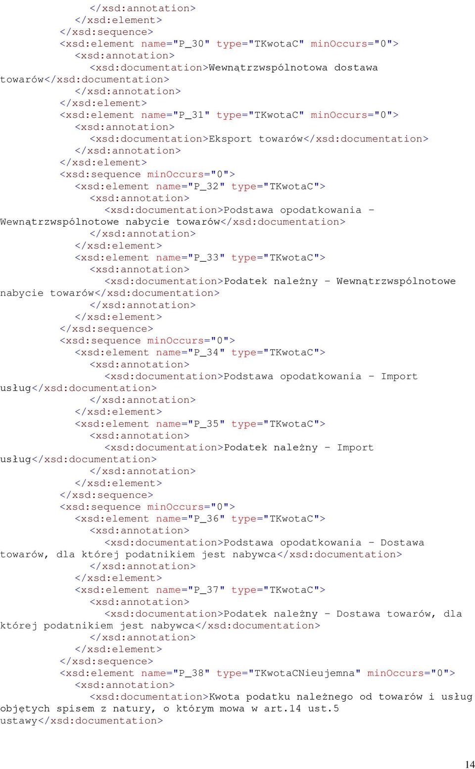 <xsd:element name="p_33" type="tkwotac"> <xsd:documentation>podatek naleŝny - Wewnątrzwspólnotowe nabycie towarów</xsd:documentation> <xsd:element name="p_34" type="tkwotac">