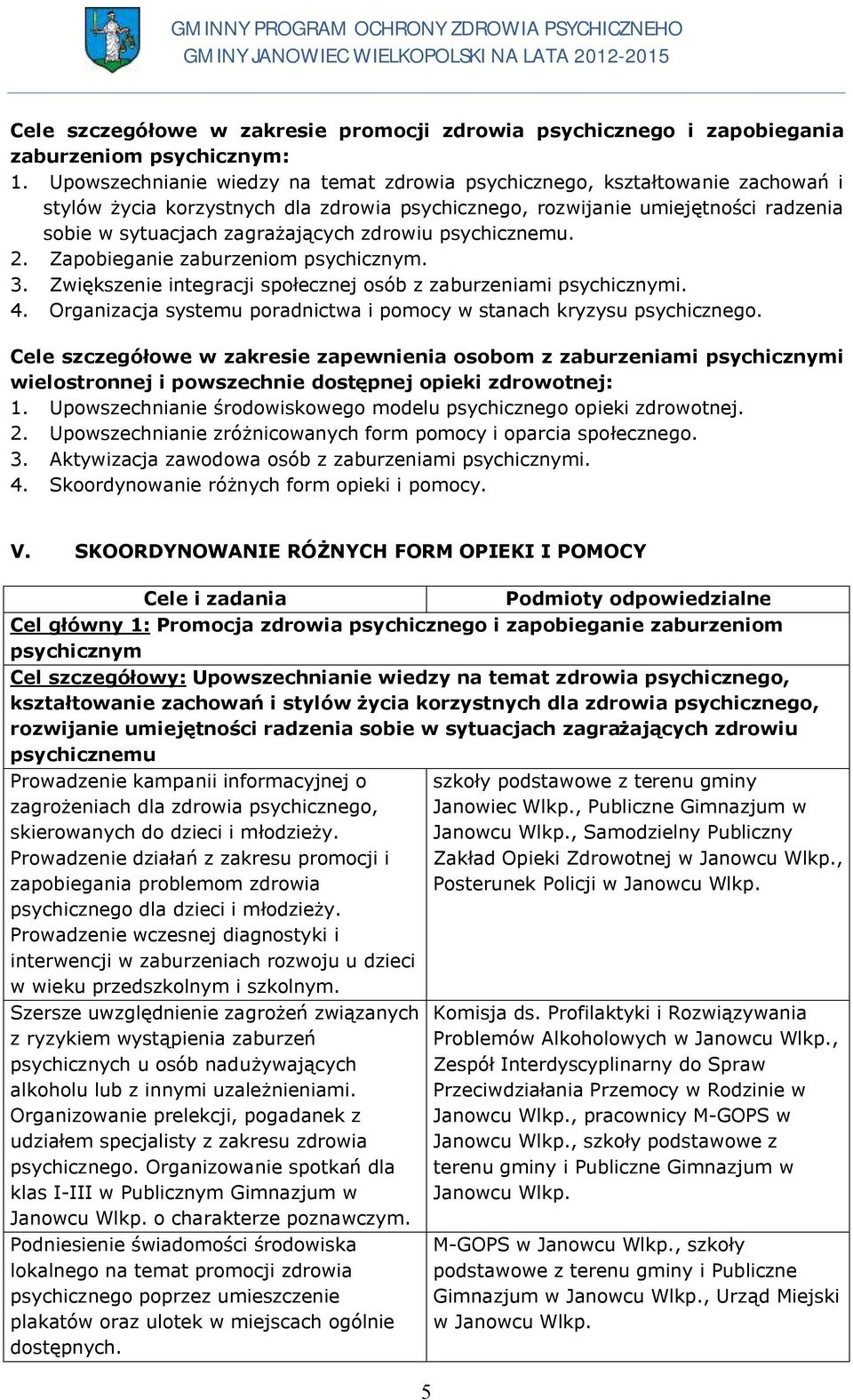 zdrowiu psychicznemu. 2. Zapobieganie zaburzeniom psychicznym. 3. Zwiększenie integracji społecznej osób z zaburzeniami psychicznymi. 4.