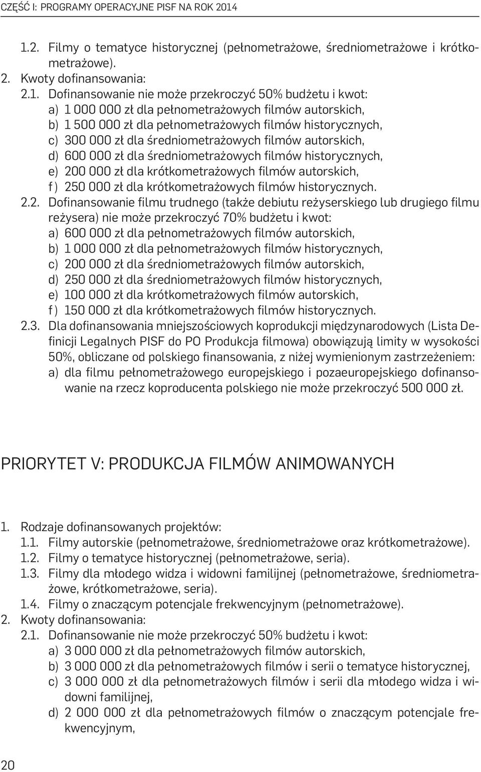 pełnometrażowych filmów autorskich, b) 1 500 000 zł dla pełnometrażowych filmów historycznych, c) 300 000 zł dla średniometrażowych filmów autorskich, d) 600 000 zł dla średniometrażowych filmów