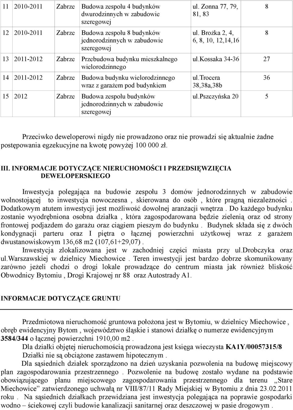 Zonna 77, 79, 81, 83 ul. Brożka 2, 4, 6, 8, 10, 12,14,16 ul.kossaka 34-36 27 ul.trocera 38,38a,38b 8 8 36 ul.