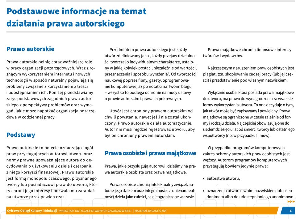 Poniżej przedstawiamy zarys podstawowych zagadnień prawa autorskiego z perspektywy problemów oraz wymagań, jakie może napotkać organizacja pozarządowa w codziennej pracy.