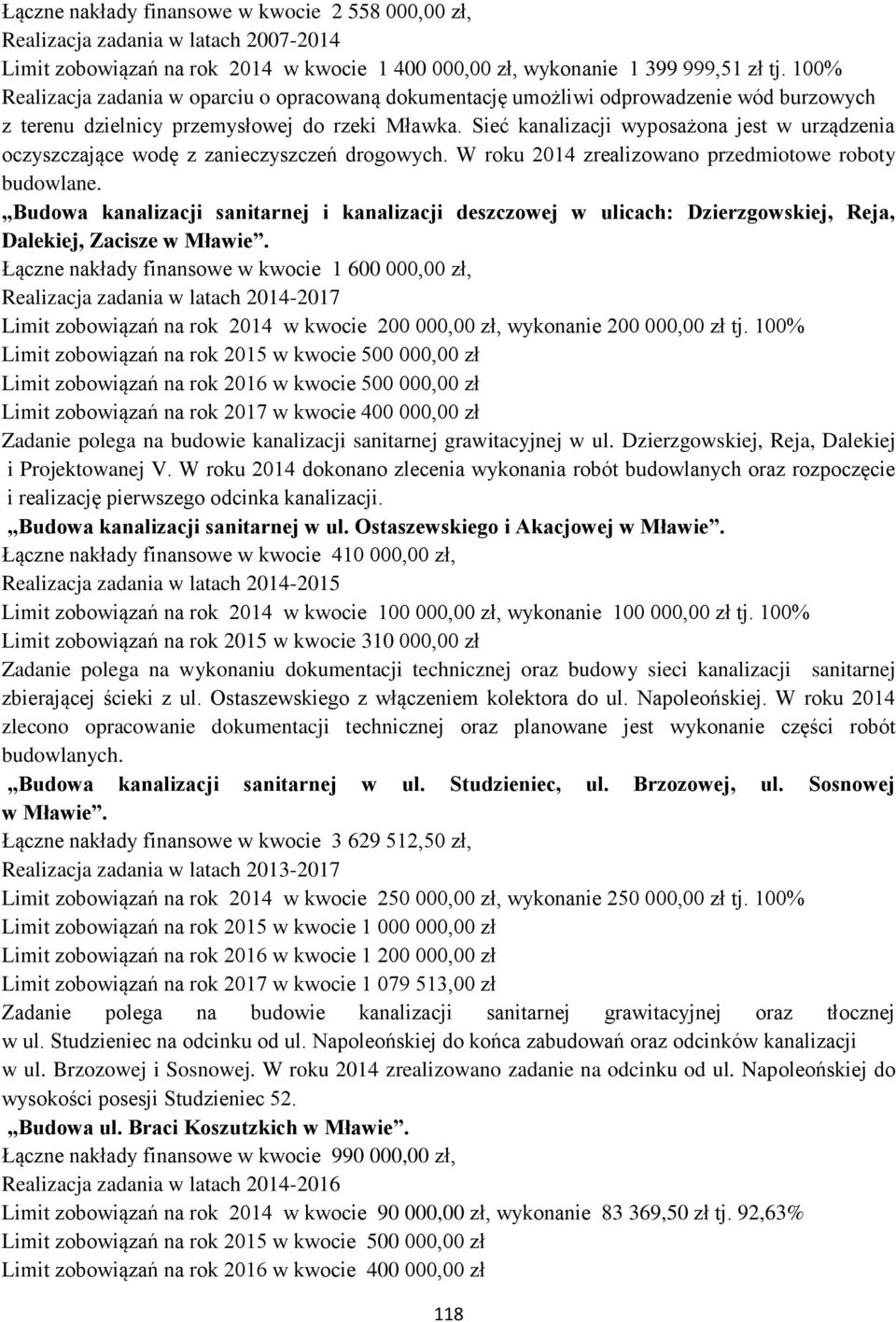 Sieć kanalizacji wyposażona jest w urządzenia oczyszczające wodę z zanieczyszczeń drogowych. W roku 2014 zrealizowano przedmiotowe roboty budowlane.