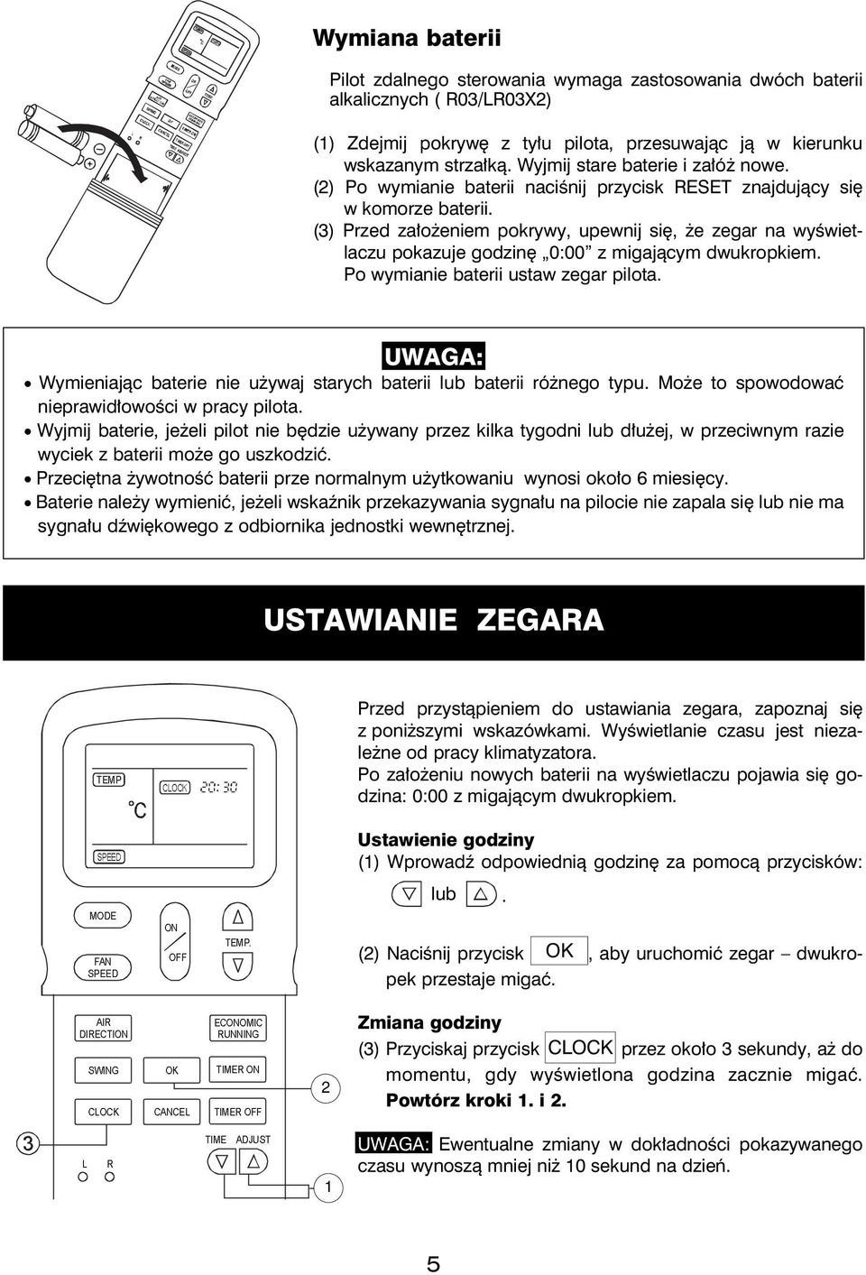 (3) Przed założeniem pokrywy, upewnij się, że zegar na wyświetlaczu pokazuje godzinę 0:00 z migającym dwukropkiem. Po wymianie baterii ustaw zegar pilota.