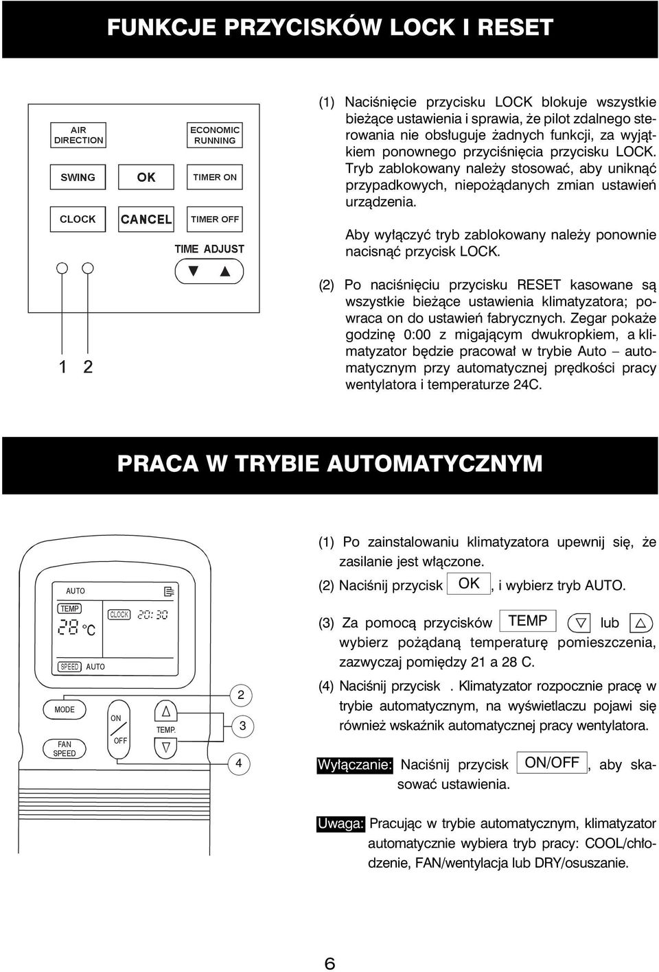 Aby wyłączyć tryb zablokowany należy ponownie nacisnąć przycisk LOCK. () Po naciśnięciu przycisku RESET kasowane są wszystkie bieżące ustawienia klimatyzatora; powraca on do ustawień fabrycznych.