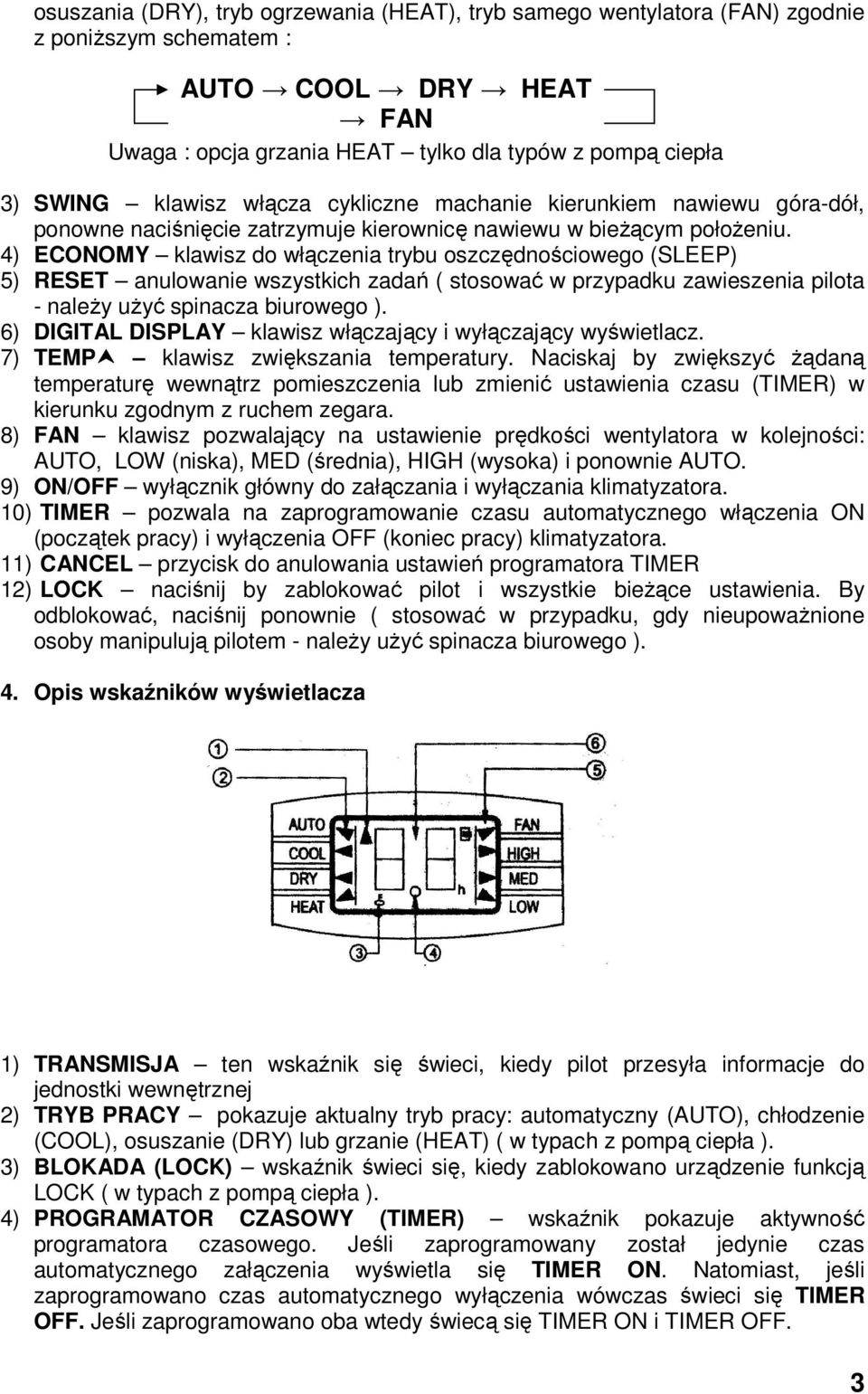 4) ECONOMY klawisz do włączenia trybu oszczędnościowego (SLEEP) 5) RESET anulowanie wszystkich zadań ( stosować w przypadku zawieszenia pilota - należy użyć spinacza biurowego ).