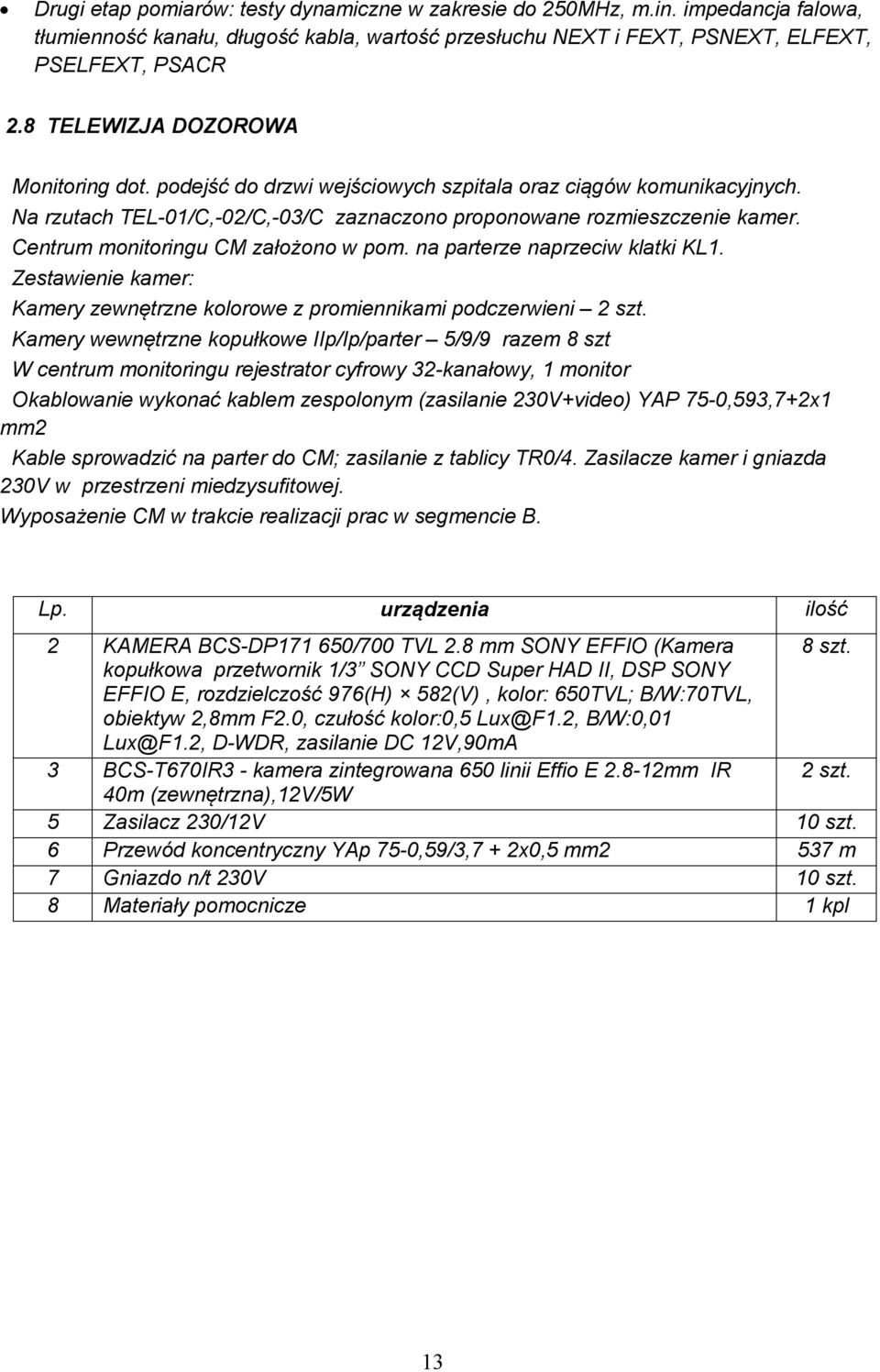 Centrum monitoringu CM założono w pom. na parterze naprzeciw klatki KL1. Zestawienie kamer: Kamery zewnętrzne kolorowe z promiennikami podczerwieni 2 szt.