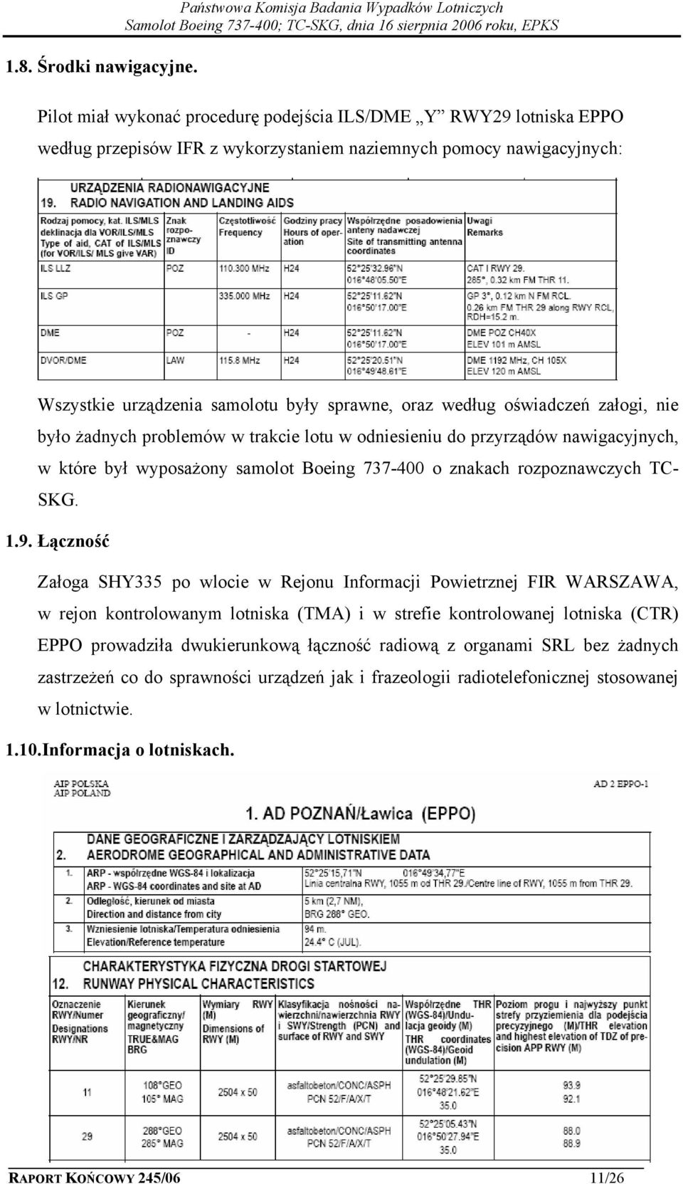 urządzenia samolotu były sprawne, oraz według oświadczeń załogi, nie było żadnych problemów w trakcie lotu w odniesieniu do przyrządów nawigacyjnych, w które był wyposażony samolot Boeing 737-400 o