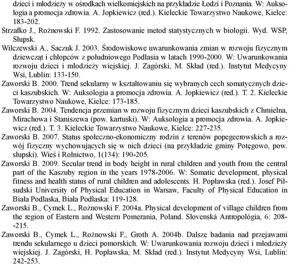 Środowiskowe uwarunkowania zmian w rozwoju fizycznym dziewcząt i chłopców z południowego Podlasia w latach 1990-2000. W: Uwarunkowania rozwoju dzieci i młodzieŝy wiejskiej. J. Zagórski, M. Skład (red.