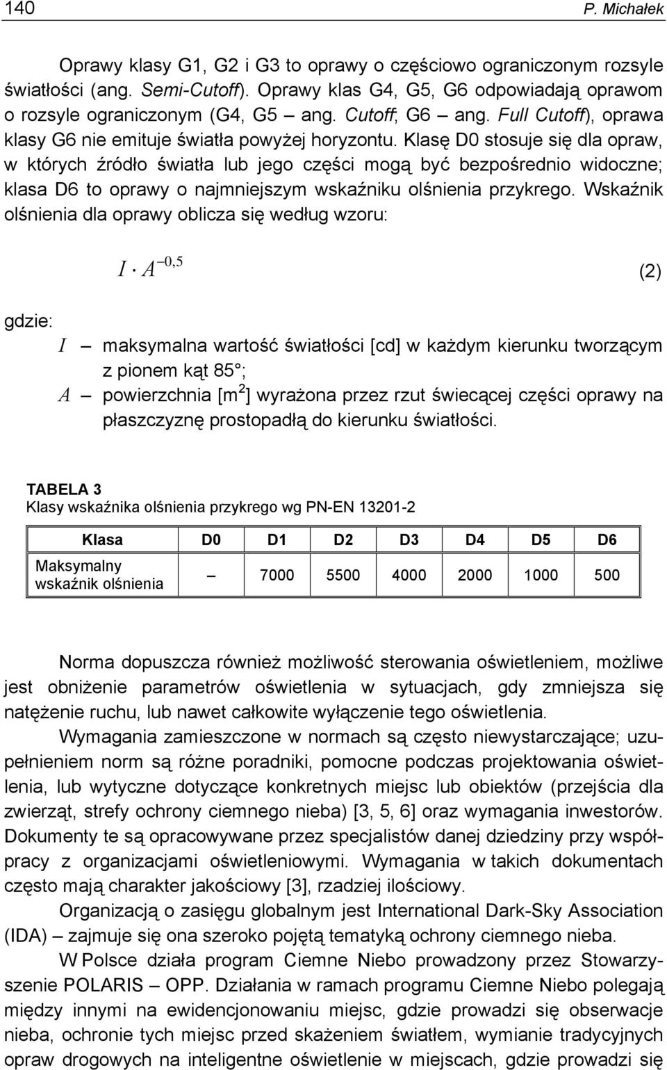 Klasę D0 stosuje się dla opraw, w których źródło światła lub jego części mogą być bezpośrednio widoczne; klasa D6 to oprawy o najmniejszym wskaźniku olśnienia przykrego.
