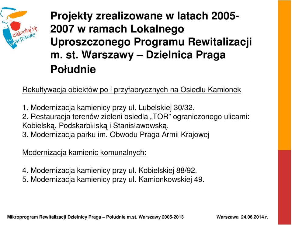 Lubelskiej 30/32. 2. Restauracja terenów zieleni osiedla TOR ograniczonego ulicami: Kobielską, Podskarbińską i Stanisławowską. 3. Modernizacja parku im.