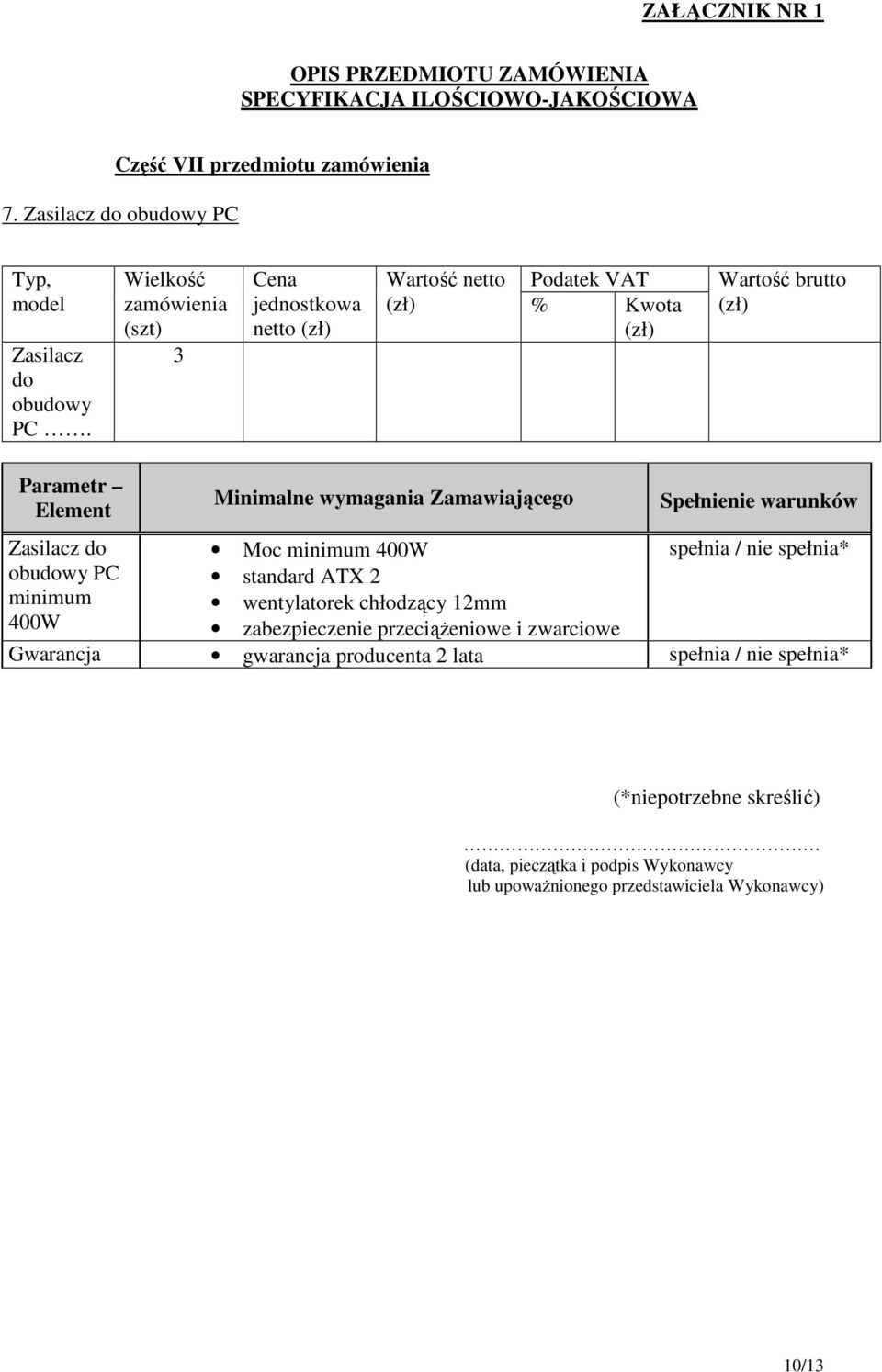 netto Podatek VAT % Kwota Zasilacz do obudowy PC minimum 400W Moc minimum