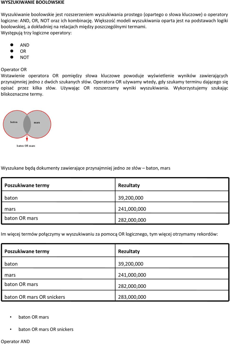 Występują trzy logiczne operatory: AND OR NOT Operator OR Wstawienie operatora OR pomiędzy słowa kluczowe powoduje wyświetlenie wyników zawierających przynajmniej jedno z dwóch szukanych słów.