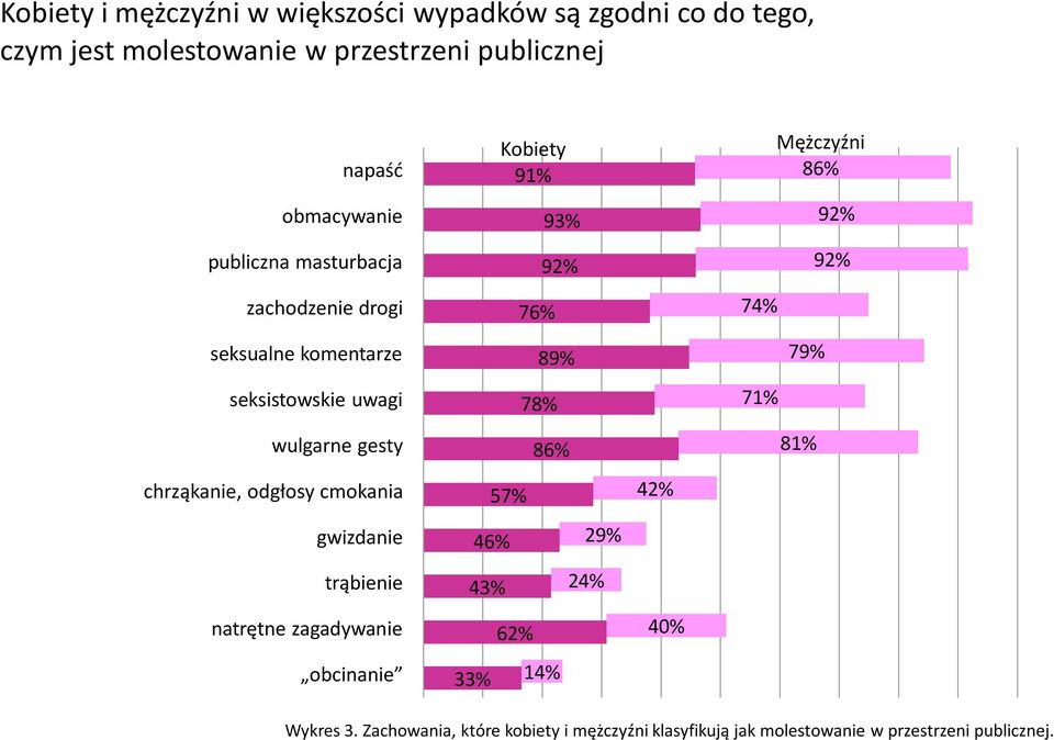 gwizdanie trąbienie natrętne zagadywanie obcinanie 46% 43% 33% Kobiety 91% 57% 62% 76% 89% 78% 93% 92% 86% 14% 29% 24% 42% 40% 74%