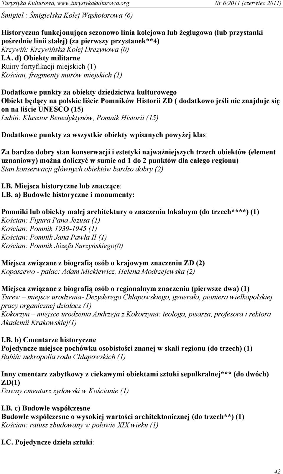 d) Obiekty militarne Ruiny fortyfikacji miejskich (1) Kościan, fragmenty murów miejskich (1) Dodatkowe punkty za obiekty dziedzictwa kulturowego Obiekt będący na polskie liście Pomników Historii ZD (