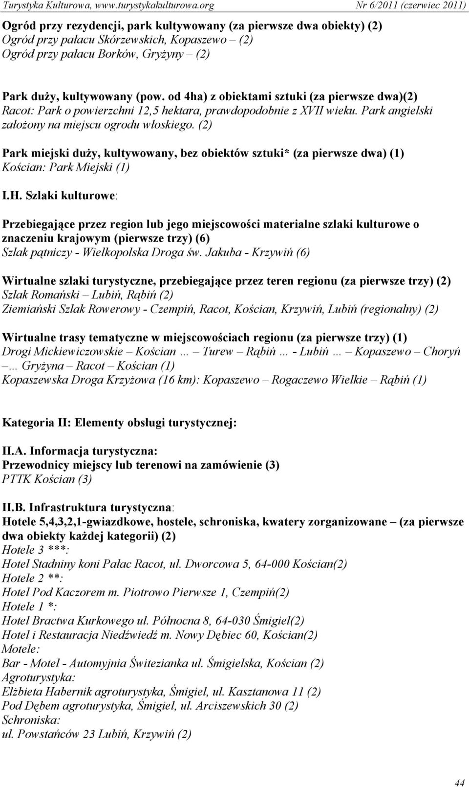 (2) Park miejski duży, kultywowany, bez obiektów sztuki* (za pierwsze dwa) (1) Kościan: Park Miejski (1) I.H.