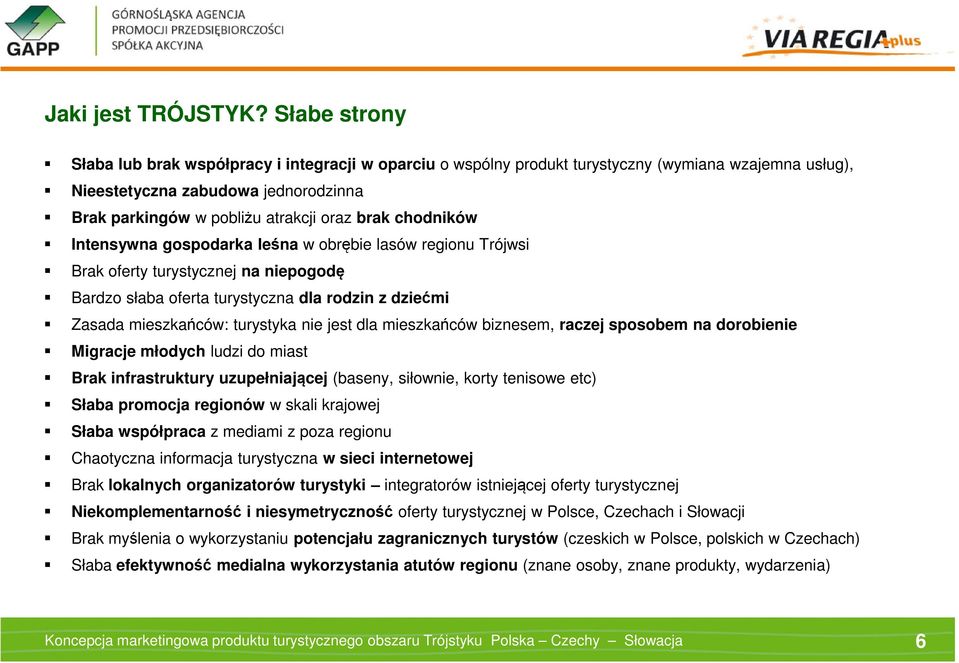 chodników Intensywna gospodarka leśna w obrębie lasów regionu Trójwsi Brak oferty turystycznej na niepogodę Bardzo słaba oferta turystyczna dla rodzin z dziećmi Zasada mieszkańców: turystyka nie jest