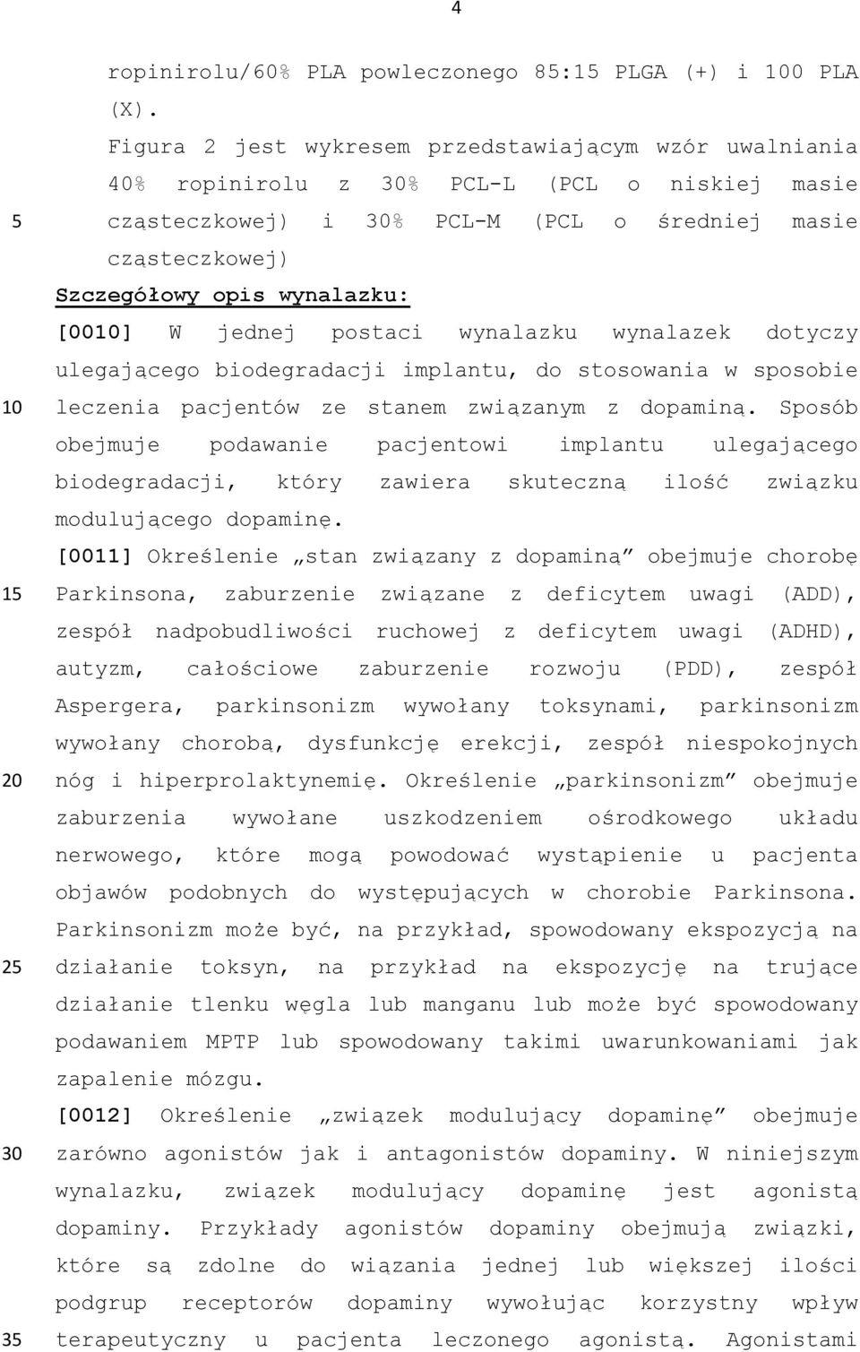 jednej postaci wynalazku wynalazek dotyczy ulegającego biodegradacji implantu, do stosowania w sposobie leczenia pacjentów ze stanem związanym z dopaminą.