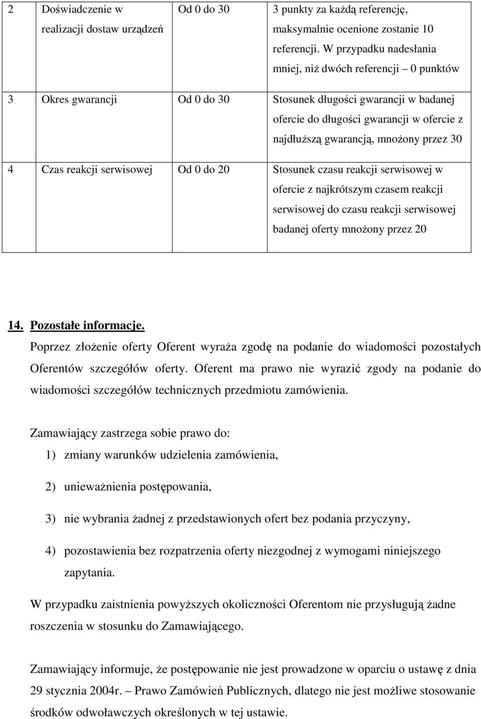 przez 30 4 Czas reakcji serwisowej Od 0 do 20 Stosunek czasu reakcji serwisowej w ofercie z najkrótszym czasem reakcji serwisowej do czasu reakcji serwisowej badanej oferty mnożony przez 20 14.