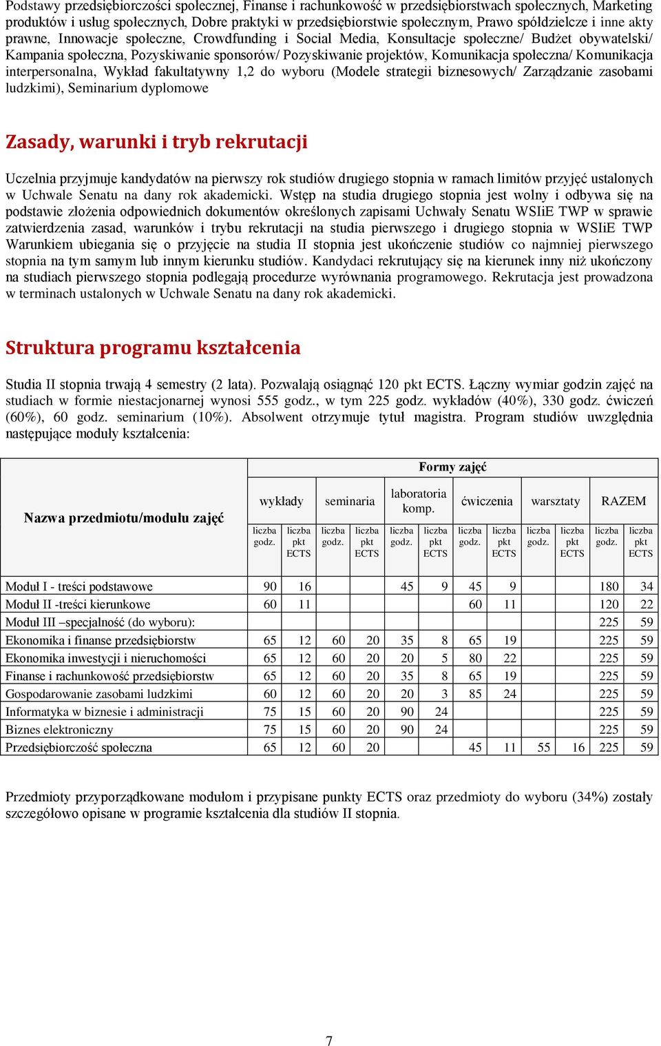 Komunikacja społeczna/ Komunikacja interpersonalna, Wykład fakultatywny 1,2 do wyboru (Modele strategii biznesowych/ Zarządzanie zasobami ludzkimi), Seminarium dyplomowe Zasady, warunki i tryb