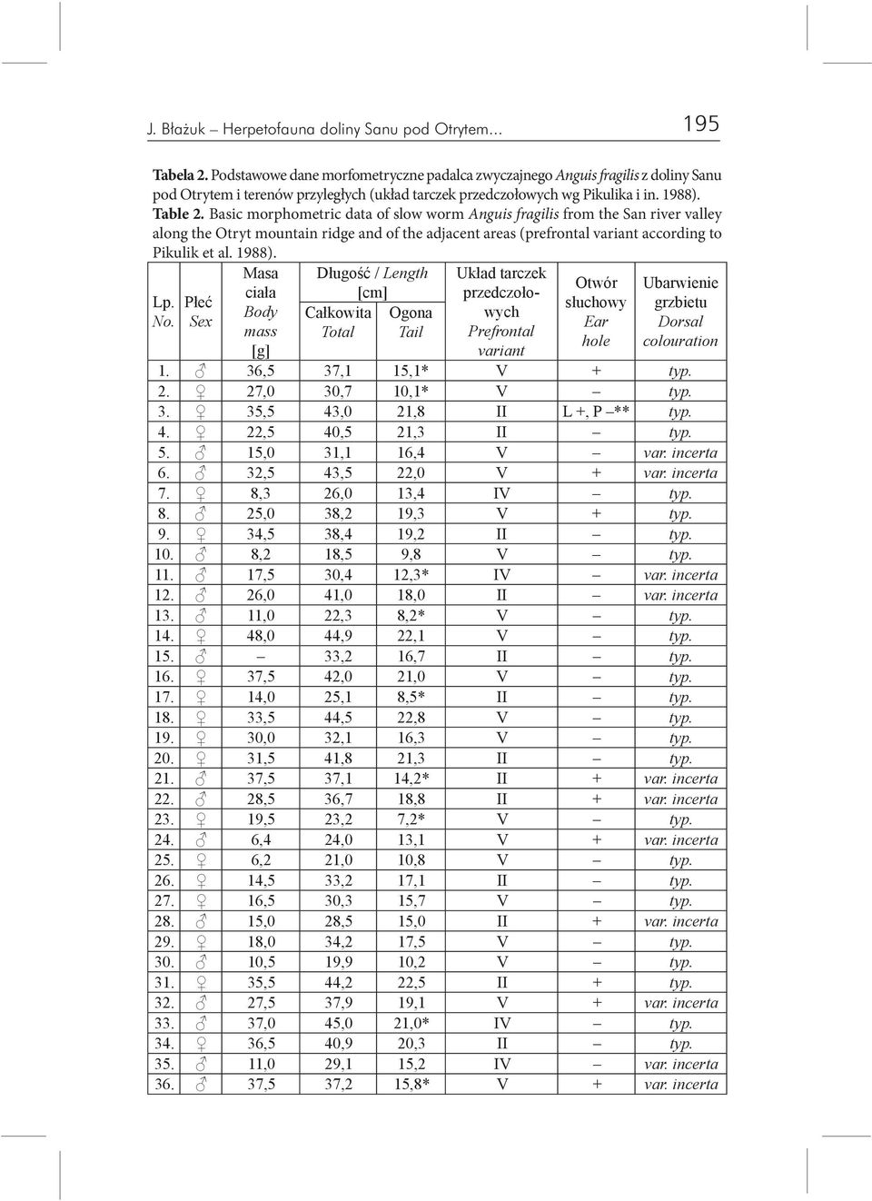 Basic morphometric data of slow worm Anguis fragilis from the San river valley along the Otryt mountain ridge and of the adjacent areas (prefrontal variant according to Pikulik et al. 1988). Lp. No.