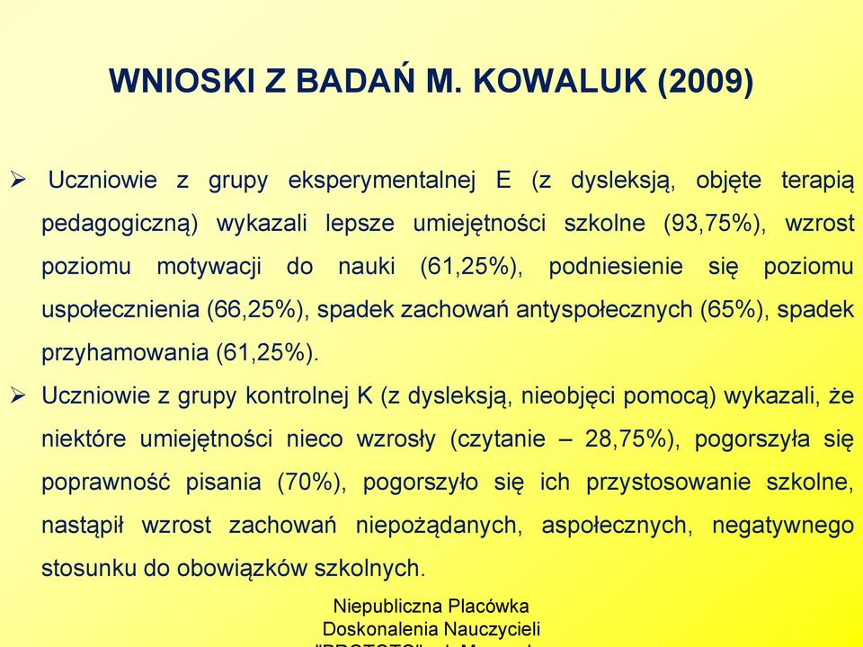 motywacji do nauki (61,25%), podniesienie się poziomu uspołecznienia (66,25%), spadek zachowań antyspołecznych (65%), spadek przyhamowania (61,25%).