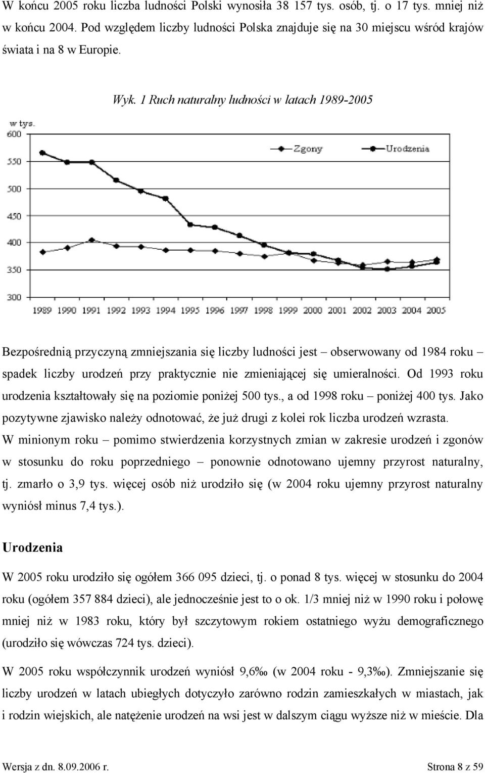 1 Ruch naturalny ludności w latach 1989-2005 Bezpośrednią przyczyną zmniejszania się liczby ludności jest obserwowany od 1984 roku spadek liczby urodzeń przy praktycznie nie zmieniającej się