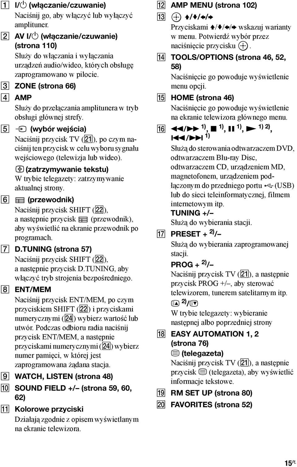 C ZONE (strona 66) D AMP Służy do przełączania amplitunera w tryb obsługi głównej strefy.