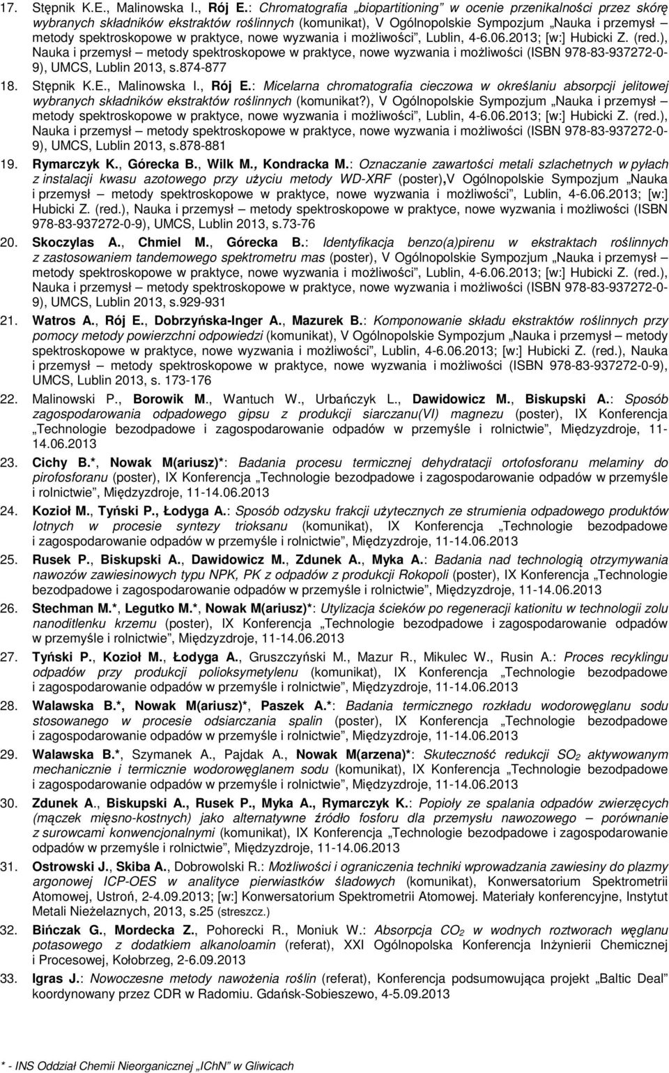 874-877 18. Stępnik K.E., Malinowska I., Rój E.: Micelarna chromatografia cieczowa w określaniu absorpcji jelitowej wybranych składników ekstraktów roślinnych (komunikat?