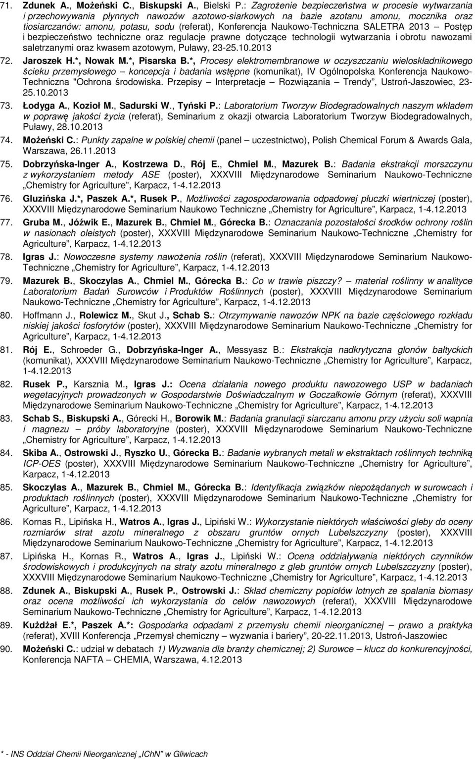 Naukowo-Techniczna SALETRA 2013 Postęp 72. Jaroszek H.*, Nowak M.*, Pisarska B.