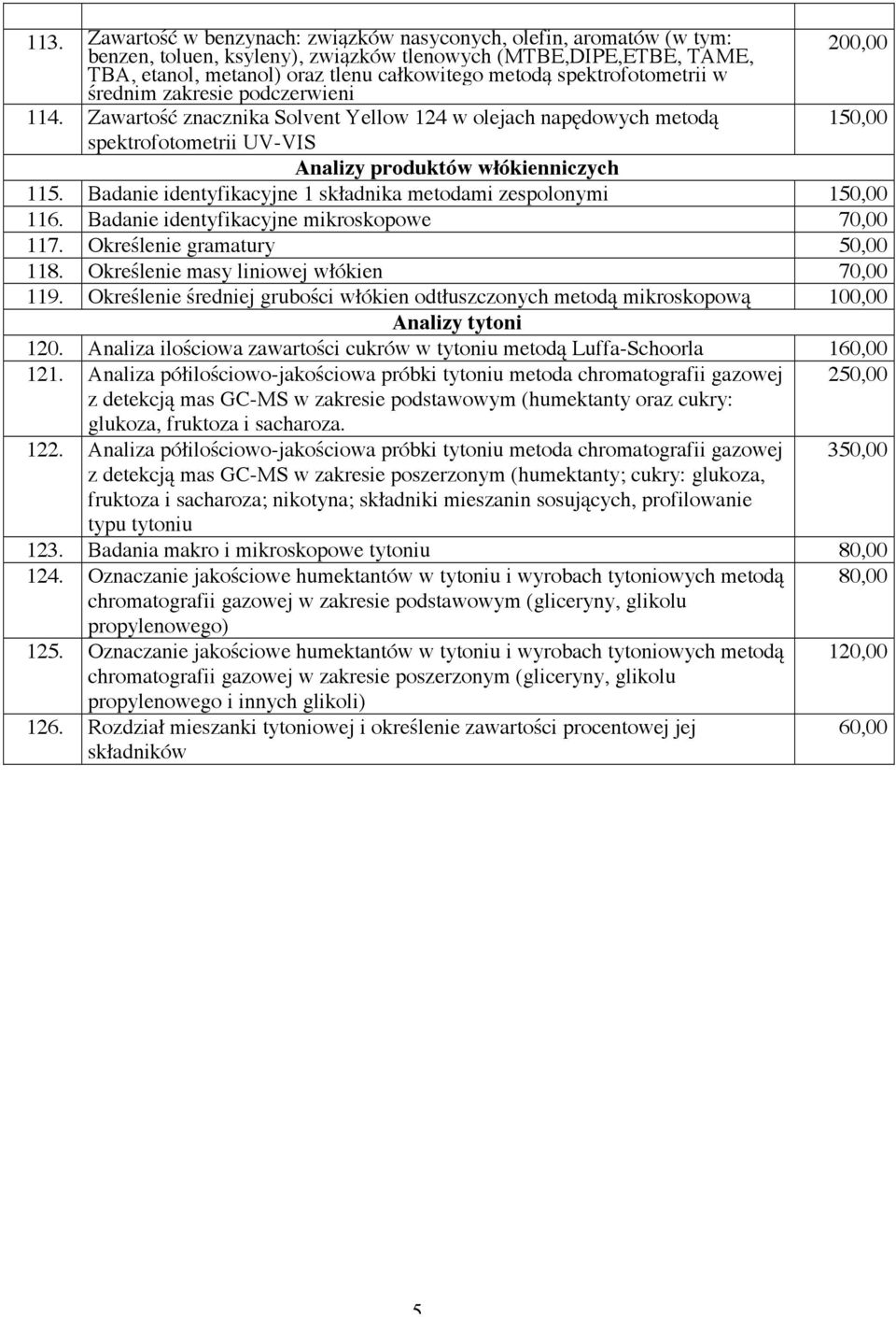 Badanie identyfikacyjne 1 składnika metodami zespolonymi 116. Badanie identyfikacyjne mikroskopowe 70,00 117. Określenie gramatury 50,00 118. Określenie masy liniowej włókien 70,00 119.