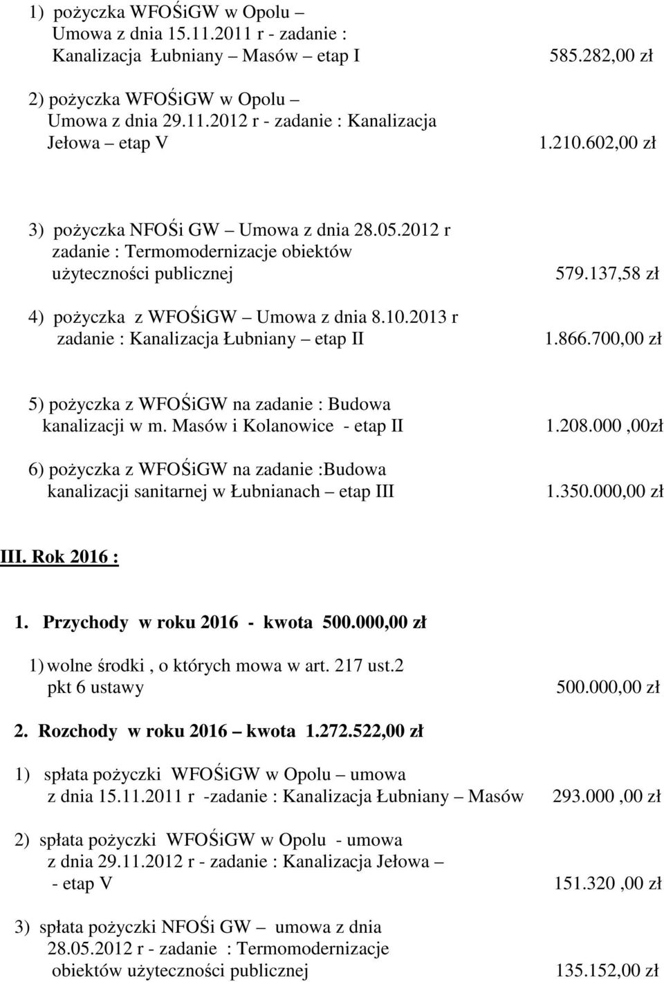 000,00 zł III. Rok 2016 : 1. Przychody w roku 2016 - kwota 500.000,00 zł 1) wolne środki, o których mowa w art. 217 ust.2 pkt 6 ustawy 500.000,00 zł 2. Rozchody w roku 2016 kwota 1.272.