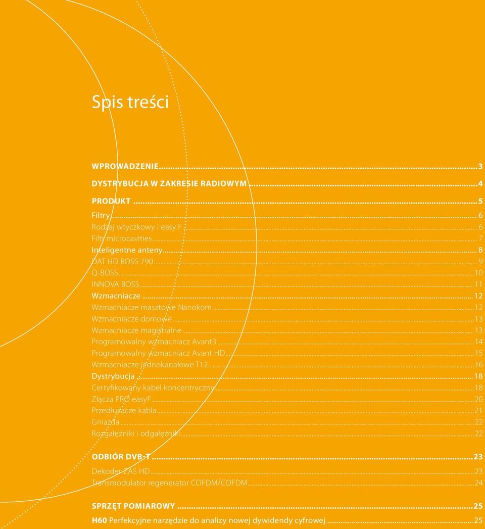 ..14 Programowalny wzmacniacz Avant HD...15 Wzmacniacze jednokanałowe T12...16 Dystrybucja... 18 Certyfikowany kabel koncentryczny...18 Złącza PRO easyf...20 Przedłużacze kabla...21 Gniazda.