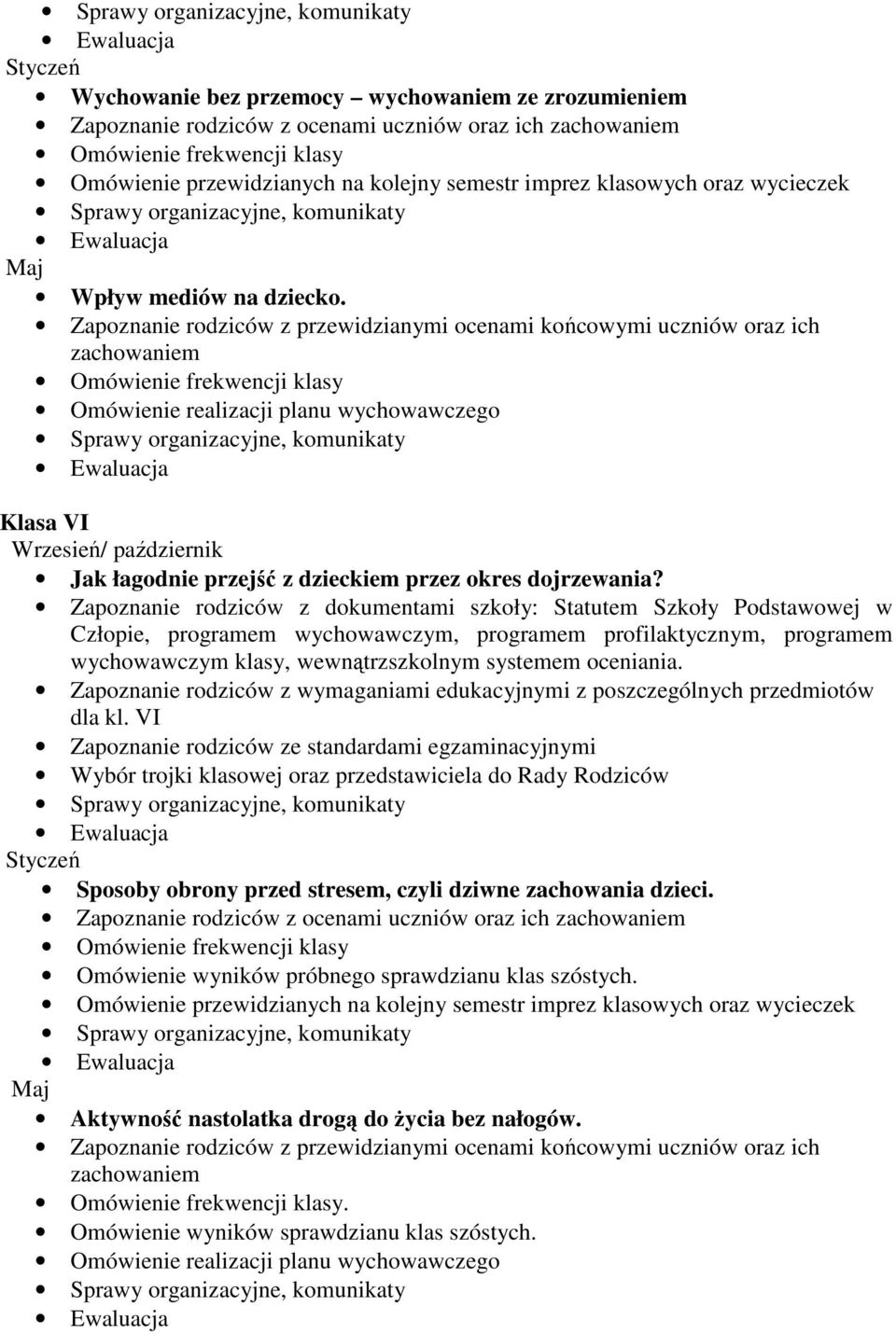Zapoznanie rodziców z przewidzianymi ocenami końcowymi uczniów oraz ich zachowaniem Omówienie frekwencji klasy Omówienie realizacji planu wychowawczego Klasa VI Wrzesień/ październik Jak łagodnie