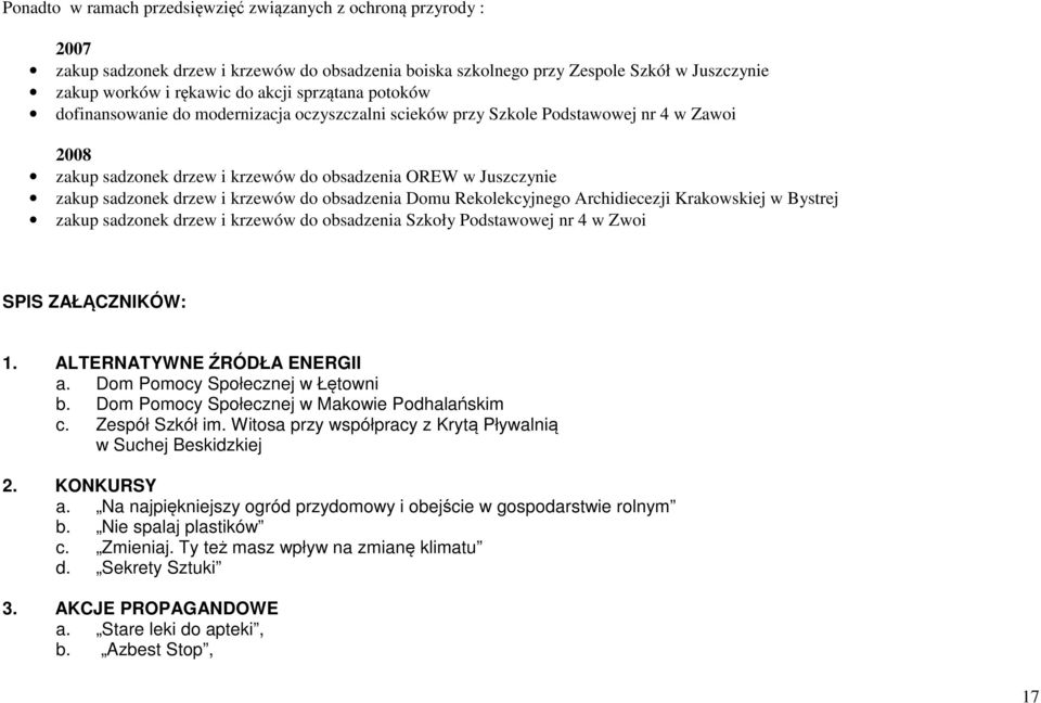 krzewów do obsadzenia Domu Rekolekcyjnego Archidiecezji Krakowskiej w Bystrej zakup sadzonek drzew i krzewów do obsadzenia Szkoły Podstawowej nr 4 w Zwoi SPIS ZAŁĄCZNIKÓW: 1.