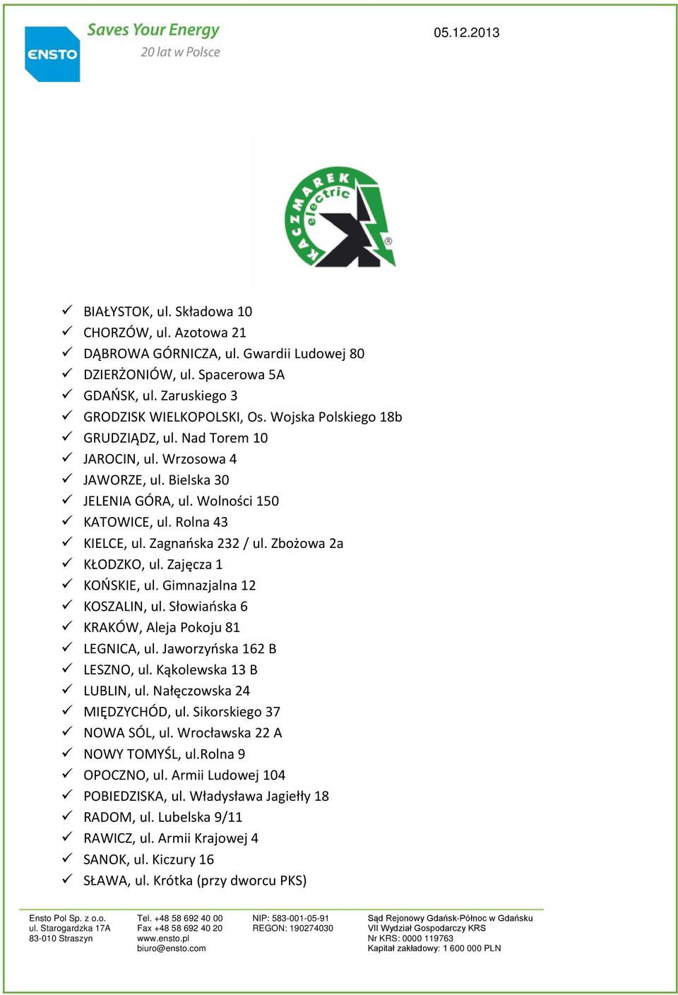 Zbożowa 2a KŁODZKO, ul. Zajęcza 1 KOŃSKIE, ul. Gimnazjalna 12 KOSZALIN, ul. Słowiańska 6 KRAKÓW, Aleja Pokoju 81 LEGNICA, ul. Jaworzyńska 162 B LESZNO, ul. Kąkolewska 13 B LUBLIN, ul.